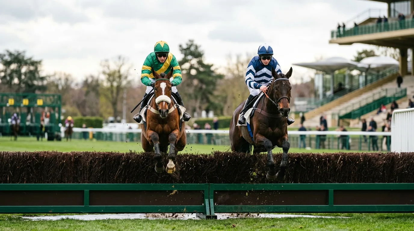 Deux chevaux de course franchissant l'obstacle ensemble illustrant la stratégie 2 bases quinté à Longchamp