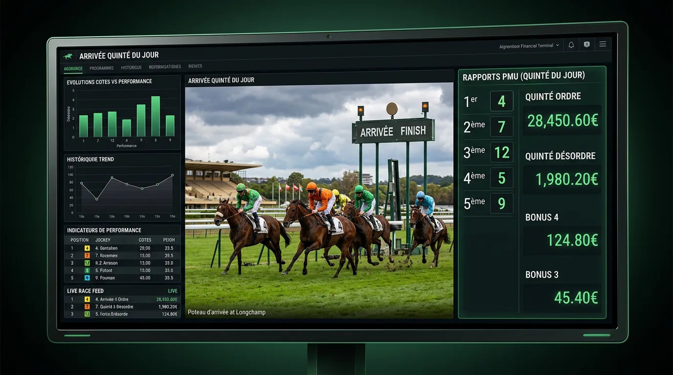Peloton franchissant le poteau d'arrivée du quinté du jour à Longchamp avec tableau des rapports PMU affiché