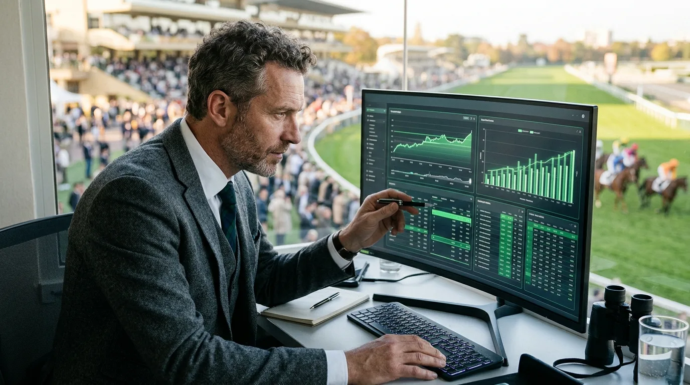 Expert turf analysant la base quinté en or sur écran de cotes à Longchamp avant le départ