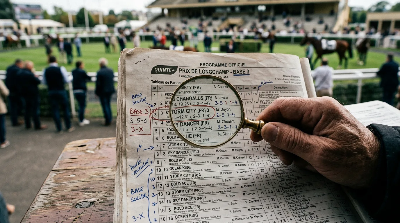 Turfiste analysant un pronostic quinté base 3 sur un tableau de partants à Longchamp avant le départ