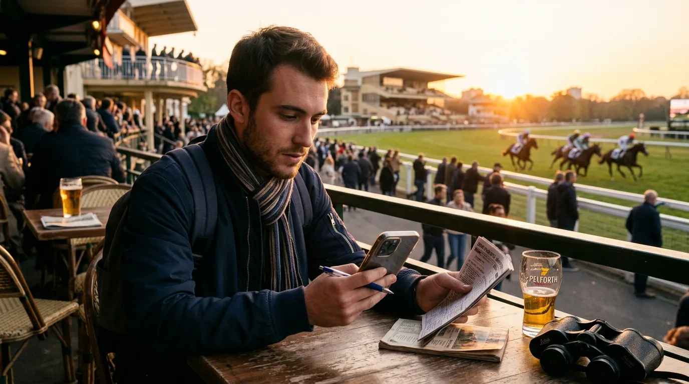 Turfiste étudiant le pronostic quinté demain sur un écran affichant les partants probables à Longchamp