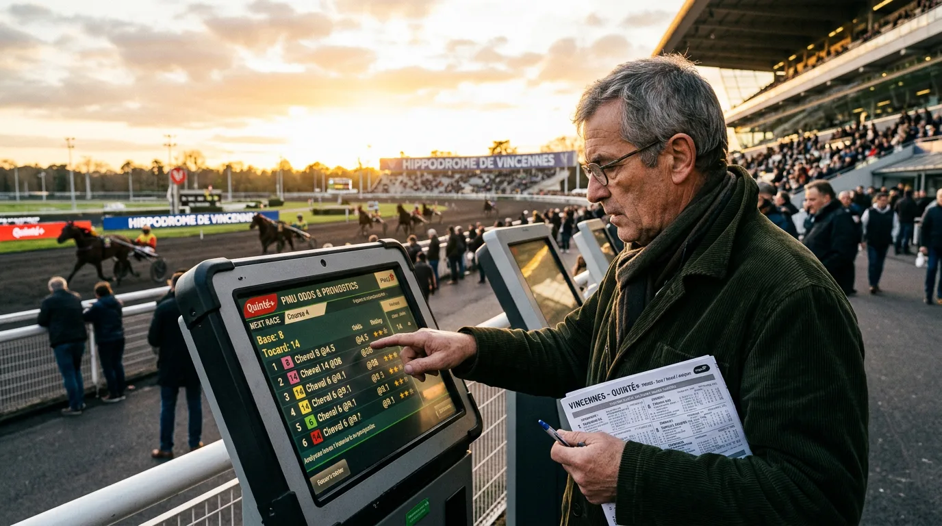 Pronostic quinté base tocard illustré par un turfiste analysant les cotes sur un écran devant l'hippodrome de Vincennes