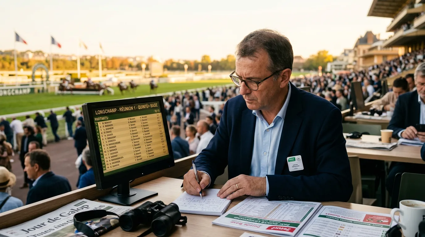 Analyste turf étudiant le pronostic quinté base devant un écran affichant les partants à Longchamp