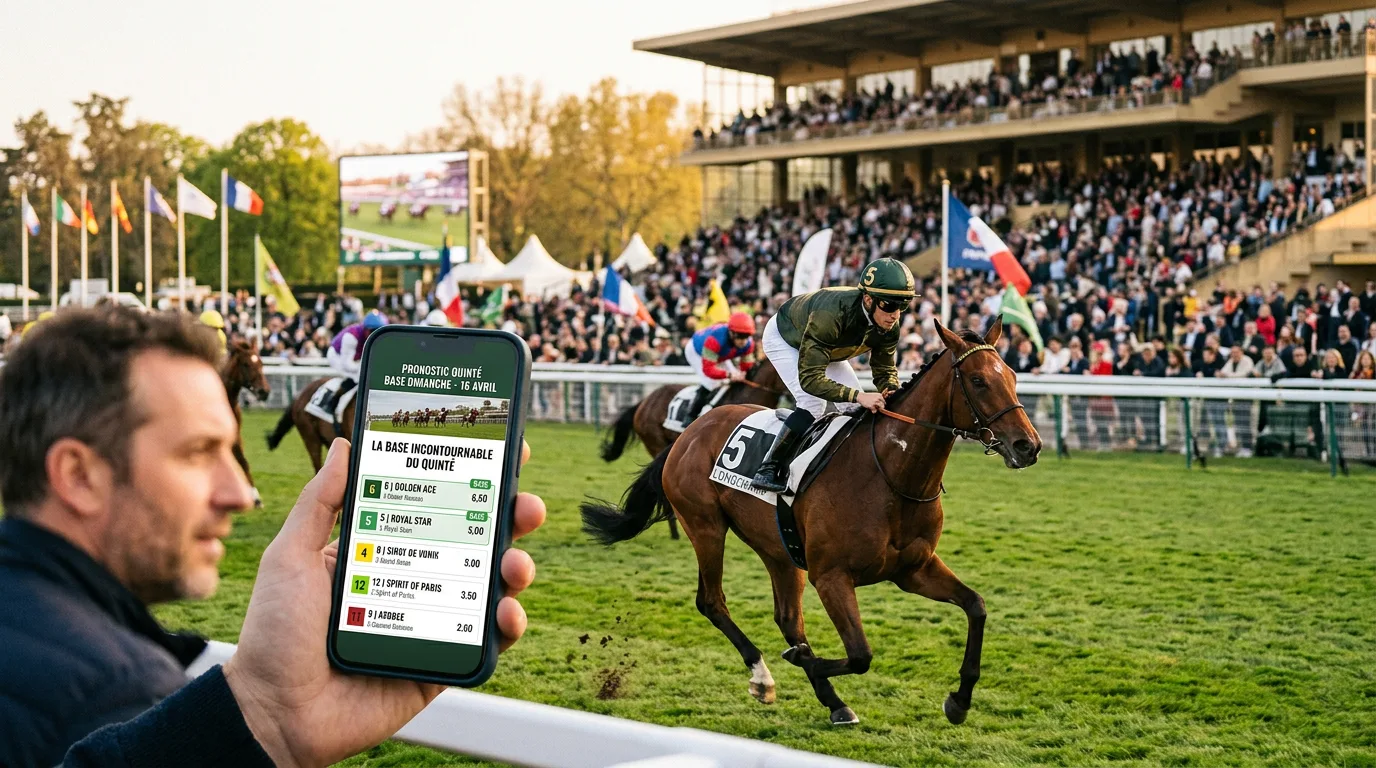 Pronostic quinté base dimanche affiché sur écran mobile devant les tribunes de Longchamp un jour de course dominicale
