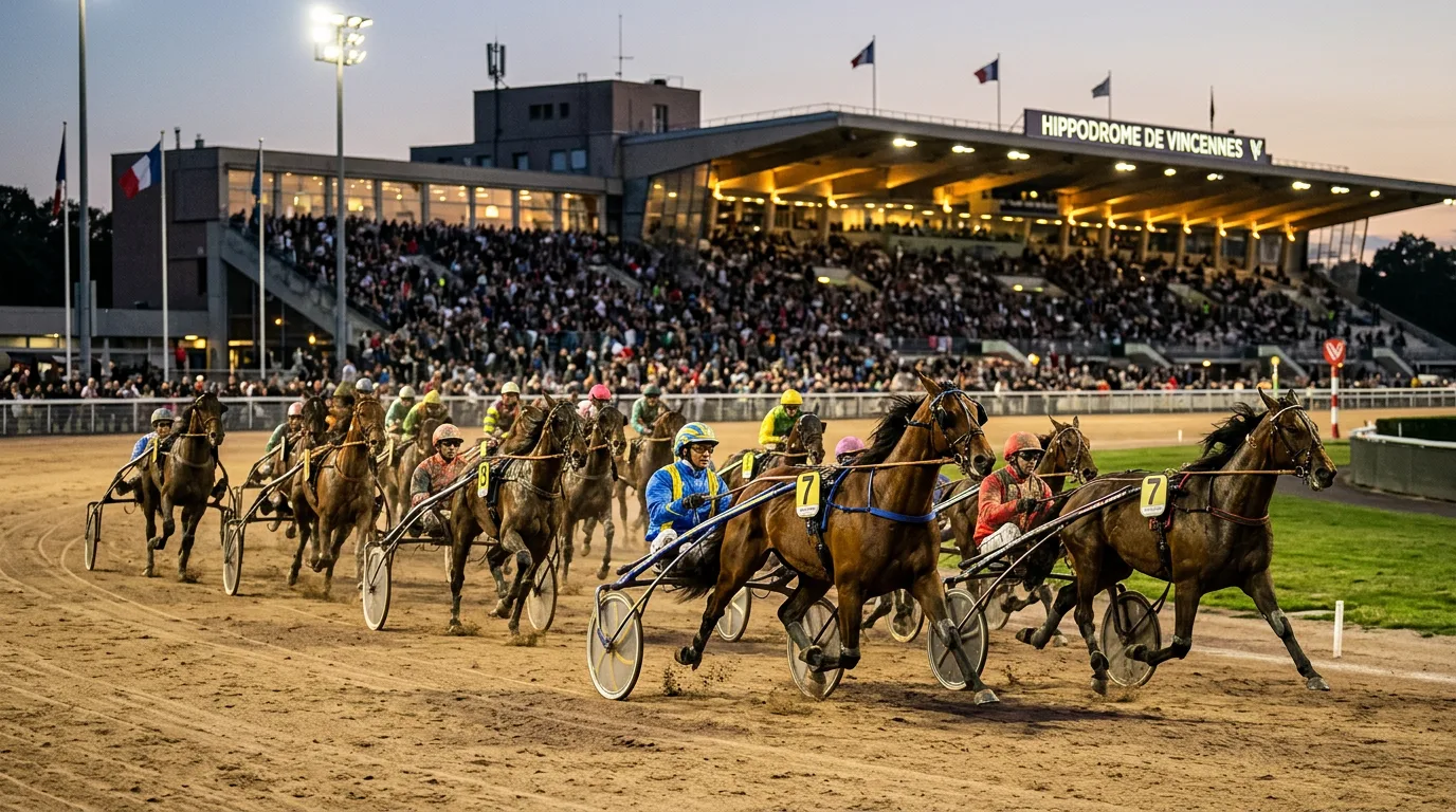 Peloton de partants du quinté du jour s'élançant sur la piste de Vincennes sous les projecteurs