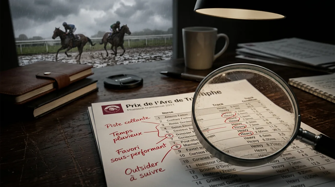 Chevaux galopant sur terrain lourd détrempé à Longchamp illustrant l'influence du terrain et de la météo sur le quinté